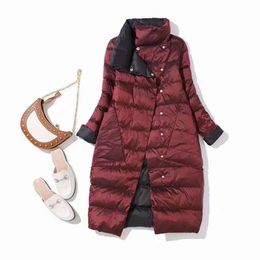 Long Puffer Jacket Mackages Light and Thin White Duck Down Women's Mid Length Diagonal Pocket Lapel Two Sides Through Knee Jacket 594