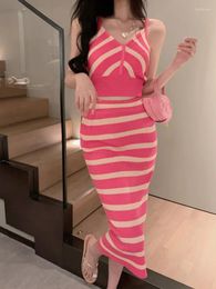 Work Dresses Korean Fashion Casual Striped Knitted 2 Piece Sets Women Outfits Sexy Vest Tops Long Skirt Suits Female Summer Two