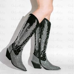 Onlymaker Women Black Knee High Rhinestone Boots Western Cowboy Boots Glitter Bling Shiny Block Heel Handmade Boots 231226