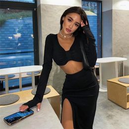 Skirts Fashion Women Elegant Solid Black Two Pieces Sets Long Sleeves Crop Top High Waist Side Slit Matching Streetwear