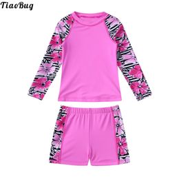 set TiaoBug Summer 2Pcs Kids Girls Swimsuit Round Neck Long Sleeves Cartoon Print Floral Print Top And Boyshorts Set Pool Swimwear