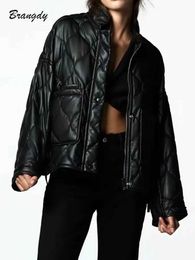 Women's Jackets Traf Women Winter Parkas Thick Pu Parkas Coat Winter Quilted Jacket Faux Leather Streetwear Cotton padded Coat Female Warm Coat J231227