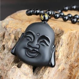 Gioielli di alta qualità 100% naturale ossidiana nera intaglio Maitreya Buddha testa pendente donna uomo amuleto fortunato gioielli pendenti