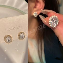 Shiny Full Crystal Gems Stud Earrings For Women Fashion Luxury Rhinestone Geometric Oval Statement Earrings Jewellery