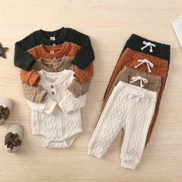 Autumn and Winter Baby And Toddler Baseball Collar Knitted Jacquard Fabric Jumpsuit Elastic Waist Pants Casual Set 231226