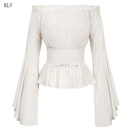 Shirts Womens Gothic Renaissance Blouse Flare Sleeves Ruffles Off Shoulder Corset Tops Victorian Cosplay Costume Pirate Shirt 210317