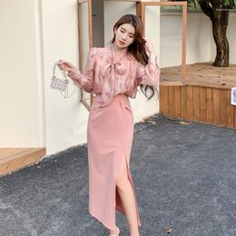 Work Dresses Elegant Office Lady Two Piece Set Skirt Top Fashion Spring Summer Outfits For Women Pink Printed Blouse Bodycon Split Suit