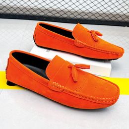 Dress Shoes British Style Fashion Orange Suede Loafers Man Comfort Leather Casual Men Slip-on Flat Plus Size 48 Mocasines Hombre