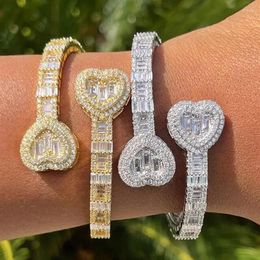 Bangle Iced Out Bling 5A Baguette Cubic Zirconia Paved Heart Open Adjusted Geometric Rectangle CZ Cluster Bracelets For Women215J