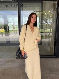 Work Dresses Women Fashion Solid Knitted Skirt Two Piece Set Single Breasted V Neck Cardigan High Waist Autumn Lady Street Outfits