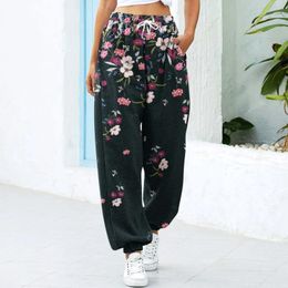 Women's Pants Women Fashion Vintage Floral Print Trousers Casual Comfortable Sports With Pockets Loose Elastic High Waist