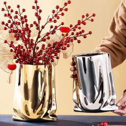 Nordic golden ceramic vase electroplating gold cloth bag living room TV cabinet furniture decoration ornaments 231227