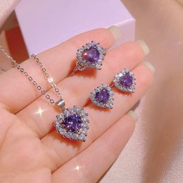 Lovely Blue Luxury CZ Zircon Heart Designer Rings Necklace for Women Love Hearts Sweet Shining Crystal Purple Stone Ring Earrings Necklaces Jewellery Set