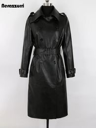 Nerazzurri Spring Autumn Luxury Long Black Soft Faux Leather Trench Coat for Women Belt Double Breasted Elegant Overcoat 5xl 6xl 231226