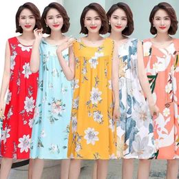 Women's Sleepwear Nightdress Summer Plus Size Sleeveless Cotton Silk Mid-Length Artificial Loose Dress Middle-Aged Elderly Pajamas Home