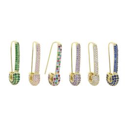 Whole Rainbow Colourful Wedding Earring Paved White Pink Green Blue Cz Unique Paperclip Safety Pin Stud Earings Women Fashion J234b