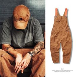 Retro Overalls Mens Casual Pants Bib Cargo Pants Ripped Jeans Mens Loose Trousers Patchwork Jogging Pants Vintage Streetwear 231227