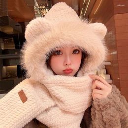 Berets 3 In 1 Hat Scarf Gloves Set Women's Winter Plush Warm Plus Fleece Thickened Cold Bib Ear Protection Ski Fashion