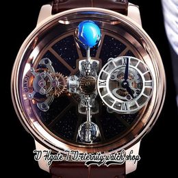 BZF Astronomia Tourbillon Swiss Quartz Mens Watch Rose Gold Steel Case Sky Skeleton 3D Globe Dial won't spin Brown Leather 250Q