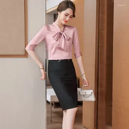 Women's Blouses Fashion Women & Shirts Pink Half Sleeve Ladies Office Work 2 Piece Skirt And Tops Sets Summer