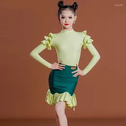 Stage Wear Green Latin Dance Dresses For Girls Long Sleeve Bodysuit Skirt Rumba Samba ChaCha Performance Costume Dancewear DL11436
