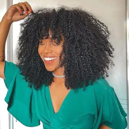 Mongolian Afro Kinky Curly Human Hair Wigs with Bangs Short Brazilian Remy Human Hair Machine Made Wigs for Black Women Glueless 231227