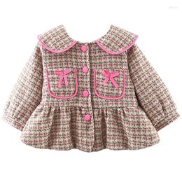 Jackets Fall Winter Jacket Baby Girl Clothes Korean Cute Warm Plaid Bow Doll Collar Outerwear Kids Coat Children Boutique Clothing BC821