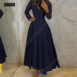 SONDR Navy Blue Full Sleeves Prom Dresses with Pleats A-Line Floor Length Robe De Soiree Formal Party Dresses for Women 231227