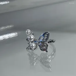 Cluster Rings Delicate Sweet Hollow Butterfly Animal Open Ring For Women Girls Fairy Korean Fashion Imitation Pearl Jewelry Accessories