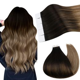 Tape in Hair Extensions Human Hair Balayage Double Sided Tape ins Extension Darkest Brown Mix Medium Brown with Blonde Balayage Tape on Extension 100g/40pcs