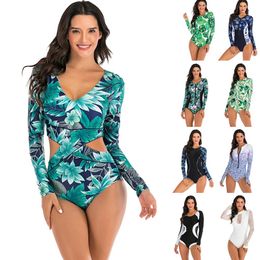 Wear Long Sleeve Rash Guard Women Print Swimwear Cut Out One Piece Swimsuit Push Up Surfing Suit Green Diving Clothe Pad Bathing Suit