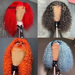 Wigs Mogolian Hair Blue Red Kinky Curly Lace Front Wig 180 Density HD Lace Frontal Wig Colored Transparent Orange /Grey Synthetic Lace