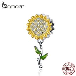 BAMOER Gold Color Sunflower Charm for Women Silver Bracelet 925 Sterling Silver Enamel Leaf Beads DIY Jewelry Accessory SCC1211 Q0256K