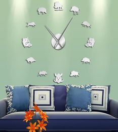 Sus Scrofa Wild Boar Figures Wall Art Mirror Stickers DIY Giant Wall Clock Wild Pig Large Hanging Clock Wall Watch Hunter Gifts Y23868994