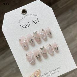 10Pcs Pink French Y2k Nail Tips Long Ballet Handmade Fake Nail Wearable False Nails with Rhinestone Press on Nails Manicure 231227