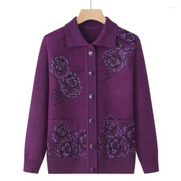 Women's Knits #2976 Knitted Cardigan Sweater Women Floral Diamonds Vintage Cadigan Coat Femme Middle Aged Turn-down Collar Knitwear Autumn