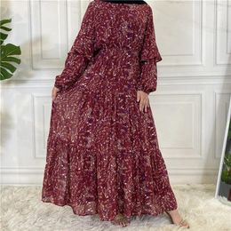 Ethnic Clothing 2024 Muslim Women Chiffon Floral Print Abayas Long Sleeve Maxi Dress Turkey Arab Kaftan Dubai Islamic Party Jalabiya Ramadan