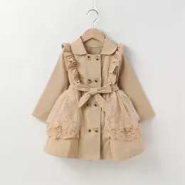 Girl Dresses 2023 Autumn Kids Girls Trench Coat Baby Clothing Lace Trim Long Sleeve Lapel Double-breasted Windbreaker Children Outwear