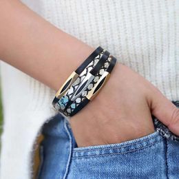 Charm Bracelets Amorcome Trendy Printed Leather For Women Silding Metal Tube Wrap Multilayer Bracelet Magnetic Clasp Jewellery