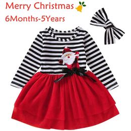 Decorations Toddler Baby Girls Christmas Santa Striped Print Tulle Long Sleeves Dress+Headband Outfits Set