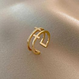 Rings Band Fashion Doublelayer Cross Zircon Ring for Women Gold Sier Color Adjustable Finger Rings Bling Elegant Jewelry Gift R230715