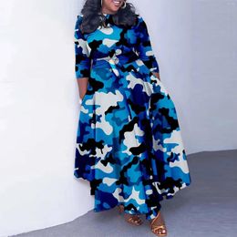 Casual Dresses Cutubly Fashion Camouflage Long Dress Women Boho Print Round Neck Full Sleeve Blue Loose With Sashes Party Club Night