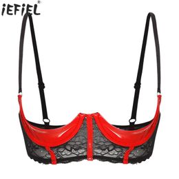 Women Open Cup Bra Wetlook Patent Leather Underwired Bra Adjustable Floral Lace Sexy Half Cup Bra Brassiere Erotic Lingerie 231226