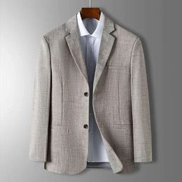 Spring Autumn Men's Blazer Thin Section Slim Fit Plaid Jacquard Casual Suit Jacket Gray Blue Beige Coat Costume Homme