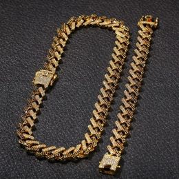 Mens 15MM Miami Cuban Link Chain Necklace Bracelets Set For Women Bling iced out diamond Gold Silver Thick Heavy chains Hip Hop Je336P