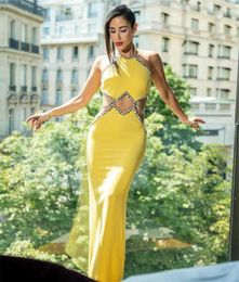 Casual Dresses Elegant Diamonds Women's Dress Sexy Backless Hollow Out Halter Maxi Bandage Vestidos Yellow Evening Party Clubwear Outfits