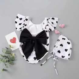 set Adorable Bow Backless Baby Girls Swimwear Heart Print Toddler Boys Girls Swimsuit Kids Bikini Set with Cap Child Swimwear 2022