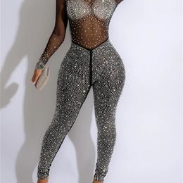 Sexy party jumpsuit for women's autumn solid mesh diamond fashion long sleeved pants club clothing women's jumpsuit 231227