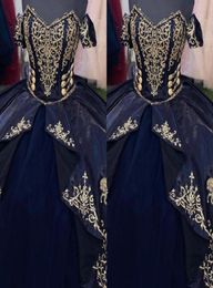 Золотая вышитая лошадь Quinceanera платья 2023 темно -синие шариковые платья с плеча принцессы слои сладко 16 платья выпускной выпускной