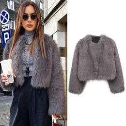 TRAF Womens Faux Fur Fashion Coats Gray Loose Vintage Oneck Cropped Jackets 2023 Winter Woman's Elegant Party Warm Top Coat 231226